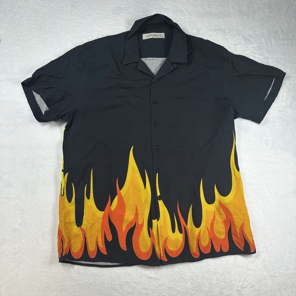 Maison Article Button Up Short Sleeve Shirt Mens Black Flame Print Beach - Large